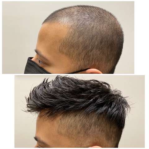 Before-and-after view of a short haircut transformation