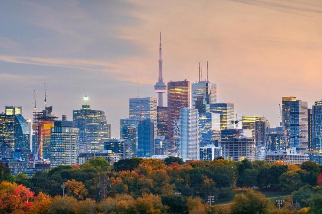 City skyline with tall buildings at sunset.