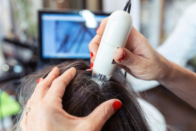 Hands using a scalp analysis device on someone’s hair.