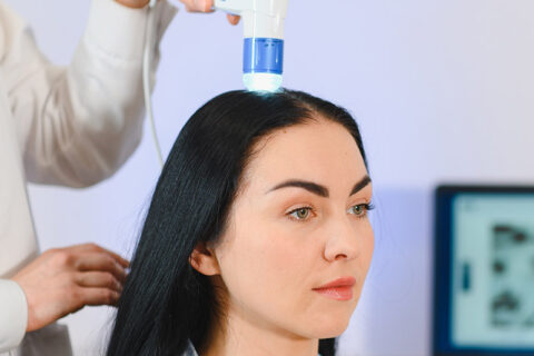 A girl have a scalp test.