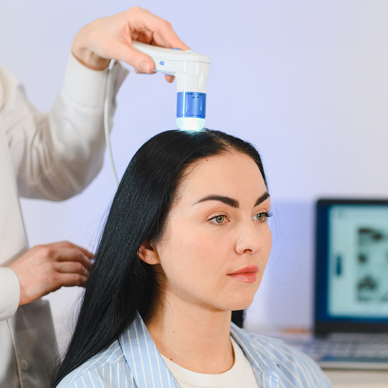 A girl have a scalp test.